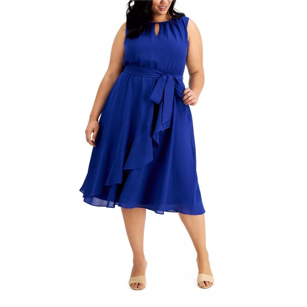 JESSICA HOWARD Plus Size Ruffled Midi Dress Tie At Waist Royal Blue 18W